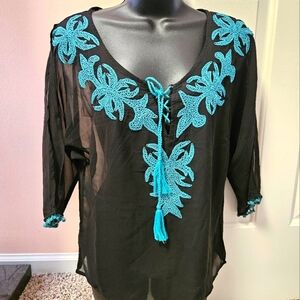 VENUS Sheer Embroidered Tassel Tie Top